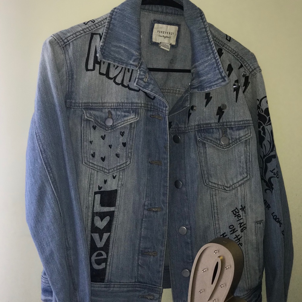Denim spike studded graphic jacket (Forever 21)